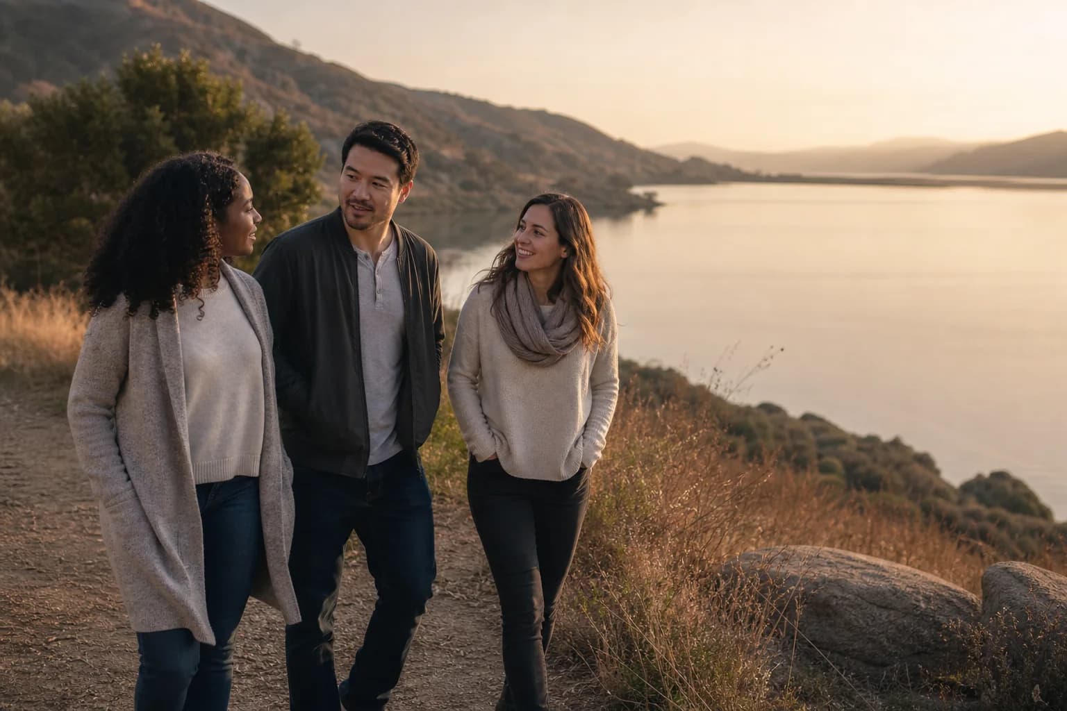 Friends walking together beside a lake in soft evening light