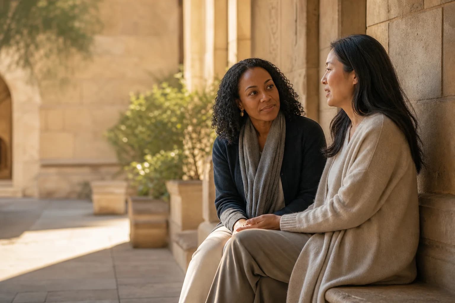 Two women sharing a thoughtful conversation in a warm, peaceful setting